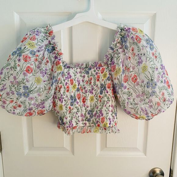 Saylor Floral Teryn Top Womens Size S Blouse Cropped Puff Sleeve Forest Fairy - Picture 6 of 7